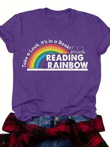 Women's Reading Rainbow Graphic Tee With Book Design Tee, Soft, Heavyweight, Fitted Fit, Print, Graphic, Design, Book, Rainbow Print, For Casual - 紫羅蘭色 - 查看 15