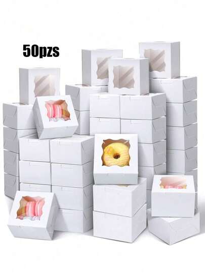 50 Cajas para Postres, Cajas de Panadería Blancas con Ventana Para Cupcakes, Individuales Cajas para Galletas Portátiles para Donas, Pasteles, Pastelería, Magdalenas, Postres para Bodas,10x10x6cm