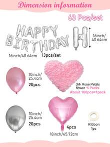 18/65/70件組女性粉色生日裝飾套裝 - 生日快樂橫幅 + 心形鋁箔氣球 + 粉色與白色珍珠加厚乳膠氣球，適合女性公主主題生日派對、蝴蝶結主題派對用品、拍照道具、派對必需品 - 款式四 - 查看 11