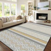 1 件装现代简约风格米灰色金色几何条纹图案地毯。天鹅绒材质，重量约 850 克，厚度约 0.6 厘米。地毯耐磨、防滑、易于清洁。多种尺寸可选。适用于厨房/客厅/餐厅/卧室/阳台/浴室/书房。是家居装饰的理想之选。 - A - 查看 4