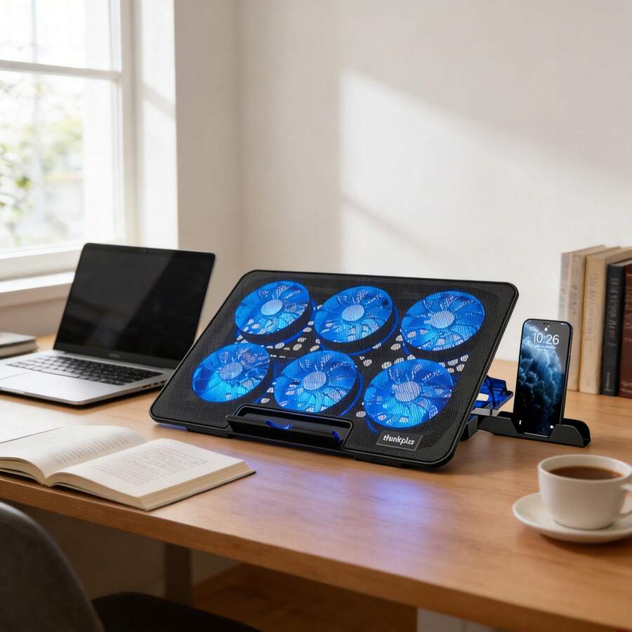 Lenovo El soporte para portátil ZJA8 cuenta con un sistema de refrigeración turboalimentado de seis niveles para una disipación de calor completa y evita la acumulación de calor. Su elegante iluminación ambiental RGB ayuda a mantener calientes los portátiles para juegos. - Ver 1