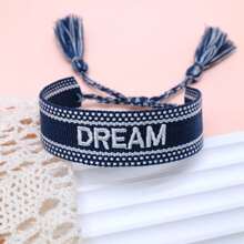 1条绣有“DREAM”字母的手工编织手链，复古简约休闲风，尺寸可调节，适合派对和日常佩戴。 - 寶藍色 - 查看 3