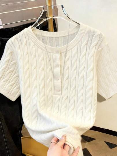 Plus Size Women Solid Color Twist Knot Button Knit Pullover Sweater