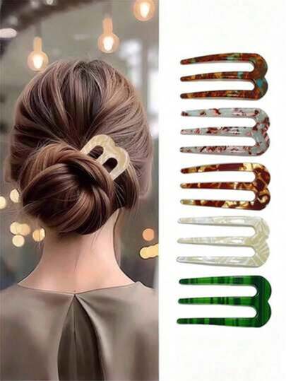 2pcs Spring/Summer Chinese Style Leopard Print & Mixed Color M-Shaped Hair Clips, Ponytail Bun Hairpins, Suitable For Daily Outfit Accessories, Elegant Bohemian Hair Styling Decor, Bun Extension,Holiday,Travel, Head Accessories, Hair Styling Pins
