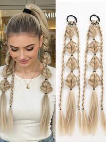 2 Pcs 18-Inch Hand-Woven Ponytail Wigs, High-Temperature Fiber Material, Bubble Braid Style, Suitable For Women - Multicolor - View 8