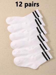 12 Pairs Kids' Striped High Ankle Sports Socks, Black & White, Autumn/Winter Style - Multicolor - View 13