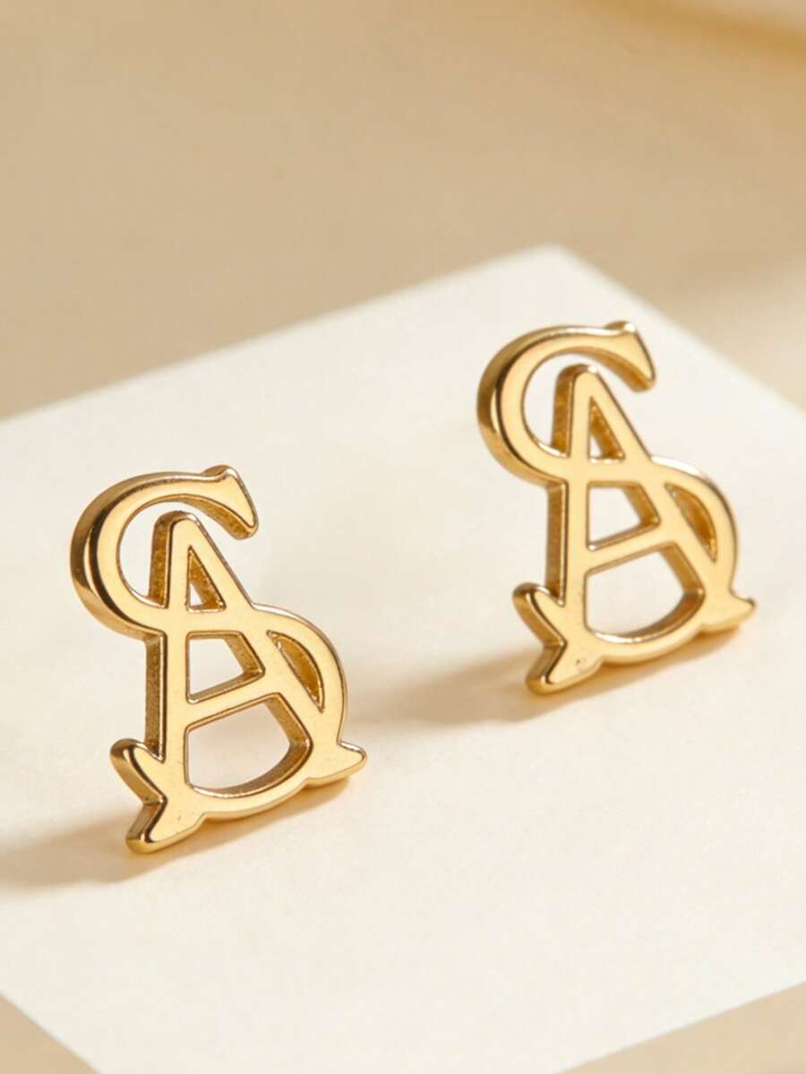 1 Pair Asymmetrical Geometric Earrings For Women - Gold aS Letter Stud Earrings - View 1