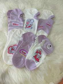 Meia invisível feminina estampada algodão fina primavera verão, meia soquete antiderrapante que não escorrega, desenhos coelho elefante coala pato, cano baixo, várias cores disponíveis - Malva - Visão 5