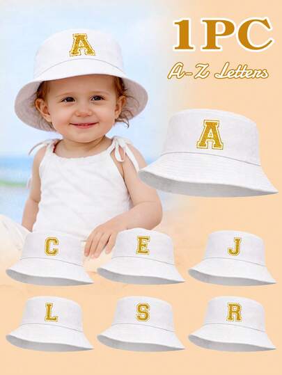 儿童26字母金色滚边印花渔夫帽，柔软轻便可折叠宽檐防晒帽，适合日常户外活动和派对穿着。
