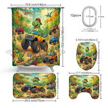 1件/4件套卡通侏罗纪恐龙图案多功能浴室装饰浴帘套装，赠送12个挂钩，营造优雅节日氛围，包含浴室地垫、U型马桶垫和圆形马桶垫，适用于各种浴室场景。 - C - 查看 3