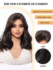 Tóc giả màu nâu đen 14 inch kiểu dáng thanh lịch dành cho nữ, 100% sợi Tang dài, độ dài trung bình có mái, mô phỏng da đầu, mật độ 150%, lưới hoa hồng mềm mại, chịu nhiệt, nhiều kiểu tạo kiểu. - Nâu đen - Xem 3