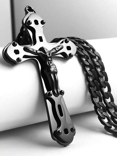 Collar con colgante de cruz de Jesús de acero inoxidable 3 en 1, cadena cubana chapada en oro de 18K, regalo para el Día de Pascua y uso diario