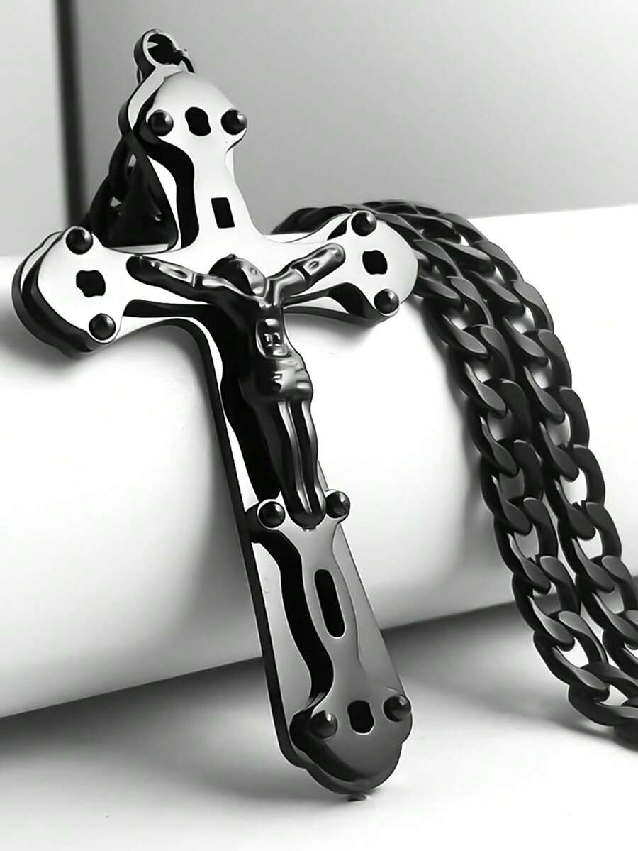 三合一不锈钢耶稣十字架吊坠项链，18K镀金链，复活节及日常佩戴礼品 - 項鍊 - 查看 1