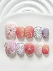 10pcs Gentle Floral Style Handmade Nail Art Set, Including Gel Nail Kit, 3D Butterfly Nail Decorations, Handcrafted 5-Petal Flowers And Line Nail Decors, Purple/Pink/Red Nail Polish, Faux Style, With Nail Tools (1 Jelly Sticker + 1 Nail File). 3 Sizes Available: Square, Short Square, Almond. Suitable For Parties, Daily Wear, Parties, Photography, Spring/Summer Commute, Etc. Press On Nails - Multicolor - View 18