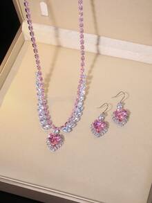 2pcs/Set Gentle & Cute Zirconia Pink Heart-Shaped Necklace & Earrings Set For Women, Suitable For Party Wear - Multicolor - View 9