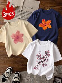 Set de 3 camisetas de mujer de manga corta con cuello redondo, estampado de letras y pétalos de colores, versátil y casual para primavera/verano - Multicolor 4 - Ver 8
