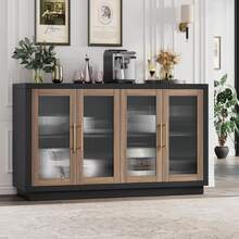 FOTOSOK Armário buffet com armazenamento, aparador grande de 140 cm, armário de cozinha moderno com 4 portas de vidro canelado, mesa buffet de madeira para cozinha, preto/marrom - Negro - Ver 3