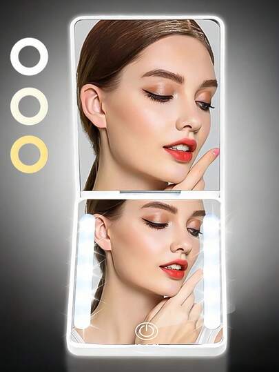 LED化妆镜，带灯化妆镜，便携式迷你化妆镜，USB充电LED灯旅行便携化妆镜，带灯口袋镜，可调光放大折叠化妆镜，三种灯光模式 - 白光、自然光和暖光，触摸屏调节亮度，多功能桌面化妆镜，适用于学生宿舍、旅行、化妆、办公室、卧室，情人节/母亲节送给女性的最佳礼物