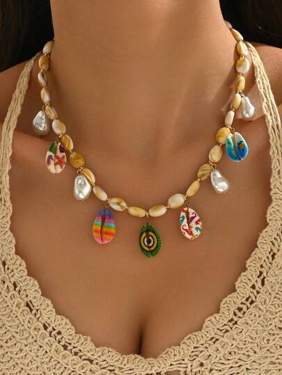 1pc Elegant Fashion Women's Summer Ocean Element Bohemian Jewelry Necklace, Colorful Shell, Baroque Irregular Pearl Multi-Pendant Beaded Necklace, Assorted Sizes And Colors Of Shells And Beads, Suitable For Beach, Vacation, Party