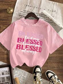 女士新款简约可爱图案休闲度假风宽松百搭圆领短袖T恤，时尚日常上衣，适合日常度假穿着。女士新款夏季假日款，印有“祝福明天，祝福所有人”字样，夏季休闲风。适合情人节、开学季、教师节等节日穿着。字母印花短袖T恤，柔软宽松舒适，高端街头风宽松休闲百搭短袖上衣，粉色 - 粉色 - 查看 2