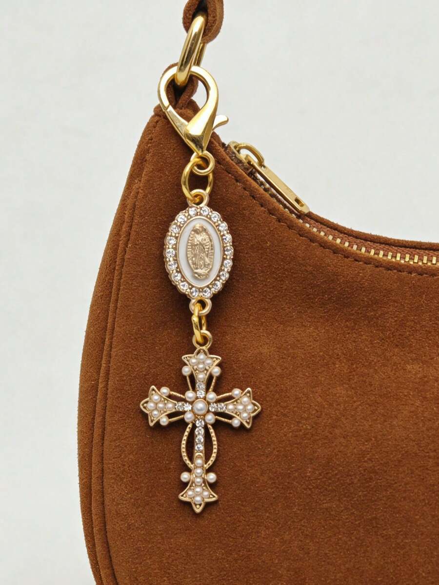 1pc Christian Cross Pearl Diamond Keychain | Romantic Zinc Alloy Bag Charm Wallet Backpack Pendant Accessory, Mother's Day & School Gift - Multicolor - View 1
