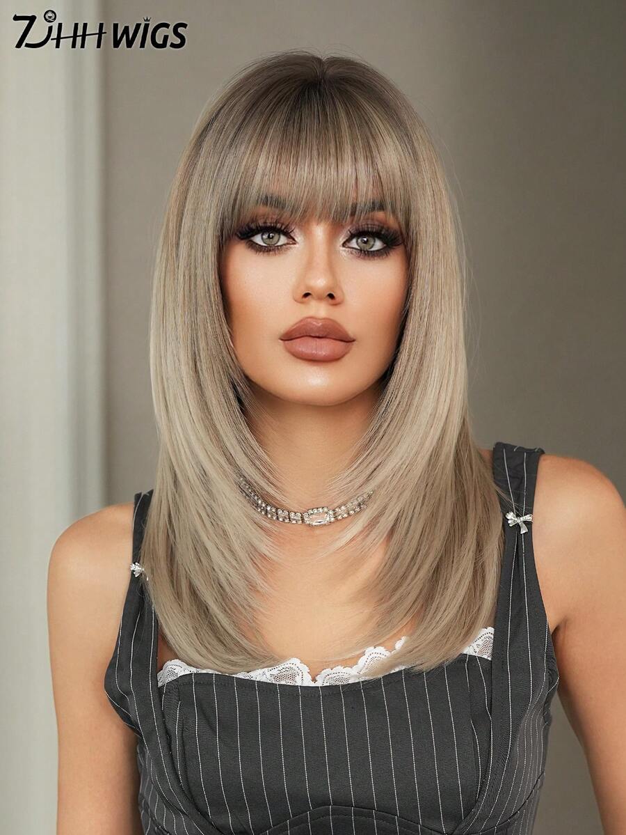7JHH WIGS Ombre Brown Layered Wig For Women 18 Inch Elegant Shoulder Length Straight Wig With Bangs Dark Roots, Natural Looking Soft Heat Resistant Fluffy Glueless Synthetic Fiber Wig For Daily Wear, Beginners Wigs Accessories, Mother's Day Gifts - 漸層棕色 - 查看 1