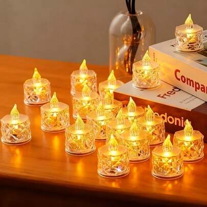 3/8/24pcs Crystal Style LED Candles | Battery Operated Flameless Plastic Candles Suitable For Christmas, Party, Wedding, Proposal | Space Theme Round Candles With Crystal Decor, Single Wick, Switch Control, Includes Non-Rechargeable Button Batteries