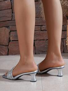 女士银色高跟凉鞋，猫跟套脚凉鞋，简约单带高跟凉鞋，5厘米酒杯跟凉鞋，闪亮水钻舒适简约时尚 - 銀色 - 查看 4