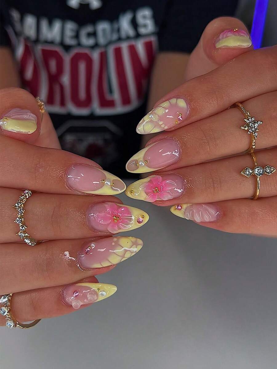 10pcs Handmade Yellow 3D Flower Nail Art Stickers, Realistic False Nails For Daily Wear For Women & Girls