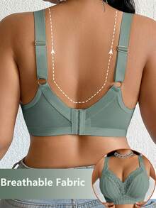 Plus Size Women's Wireless Bra, Breathable Non-Slip Lace Patchwork Lift Up Adjustable Strap Seamless Everyday Wear - Green - View 4