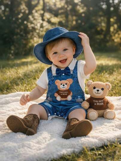 H HIBOBI 2pcs/Set Gentleman Style Collegiate Romper Set With Fisherman Hat. Includes White Short Sleeve Polo Shirt, Blue Bow Tie, Denim-Look Suspender Design, And Cute Cartoon Bear Print. Lightweight And Breathable, Suitable For Daily Wear, Outings, And Photoshoots. Fits 0-18 Months Babies.