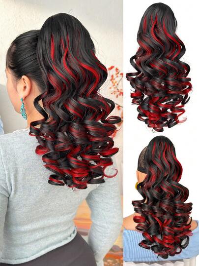 爪形马尾接发，波浪卷发，弹性材质，黑色和红色，18英寸，耐热长发
