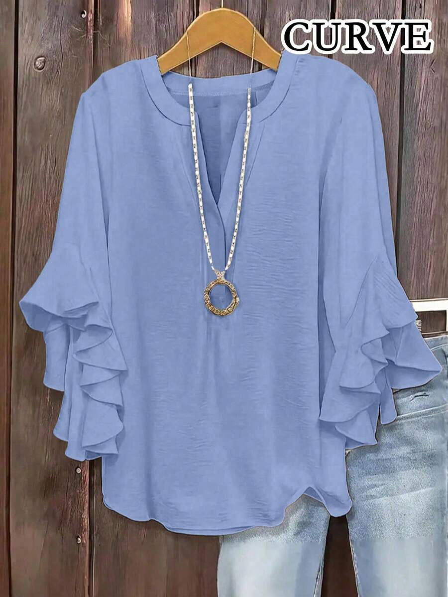 Blusa de unicolor con cuello en V y mangas con volantes para mujer de talla grande, primavera - Celeste - Ver 1