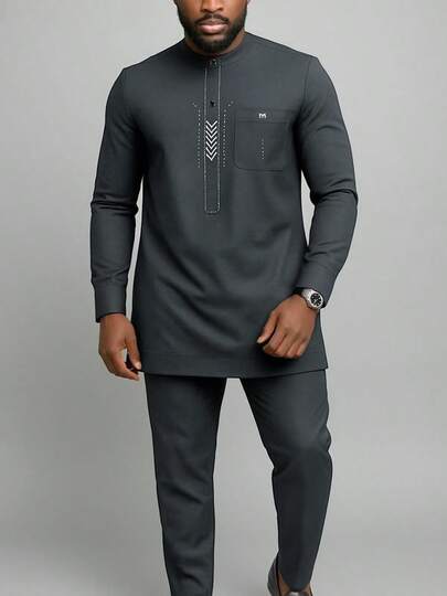 2pcs Dark Grey Dashiki Shirt And Pants Set, White Geometric Line Embroidery, Chest Pocket, Long Sleeve, Round Neck, Elastic Waist Pants, African Fashion, Men's Matching Sets, Casual & Elegant Style For Business, Party, Date, Wedding, Daily Wear, Celebrations And Ceremonies