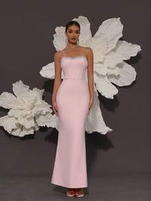 Handmade Rhinestone Embellished Bandage Strapless Mermaid Knit Dress, Luxury Sexy Fashion Fitted Dress For Family Gatherings, Parties, Banquets, Formal Occasions Party Wedding Spring - Baby Pink - View 4
