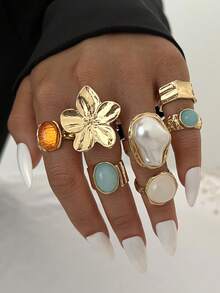 7pcs Vintage Elegant Bohemian Casual Women's Baroque Irregular Pearl Colorful Gemstone Flower Line Water Drop Heart Open Ring Set, Suitable For Women's Daily, Party, Beach, Date And Other Occasions, Perfect Gift Choice For Holidays - Gold - View 3