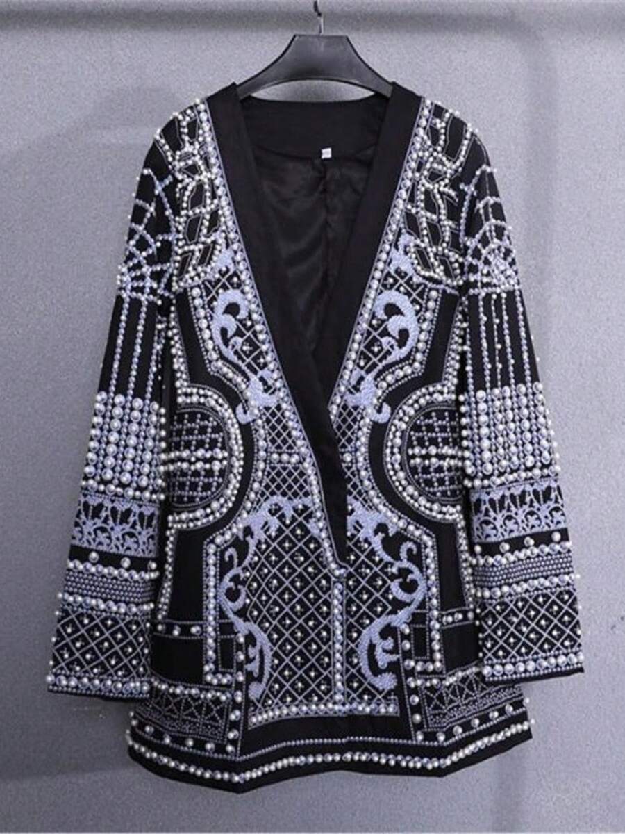 Jackets For Women Blazer Business Casual Woman Business Professional Women Cardigan For Women Summer Outfits For Women Summer Clothes Vacation Outfits Women 4th Of July Luxury Baroque Heavy Faux Pearl Beaded Velvet Blazer Jacket, Women's Glamorous Deep V Neck Rhinestone Embellished Long Sleeve Structured Shoulder Open Front Cardigan Coat For Party Night Out - trắng - Xem 1