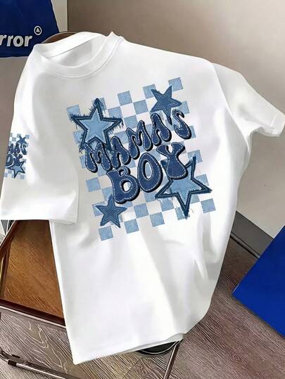 男童复古休闲星形棋盘格印花短袖T恤，美式风格，1件装