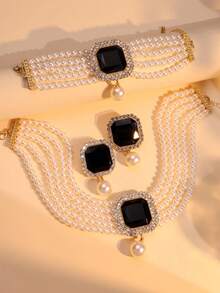 4pcs Set Luxurious Exaggerated Multi-Layer Faux Pearl, Rhinestone And Crystal Embedded Necklace, Earrings, Bracelet Jewelry Set, Suitable For Women's Wedding, Party, And Holiday Gifts - Multicolor - View 8