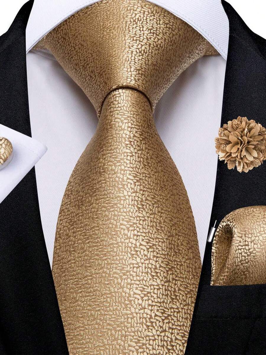 男士金棕色领带套装,含口袋巾、袖扣和胸花,优雅正装领带,适合正式场合。 - 芥末黃 - 查看 1