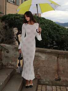 女士新款白色印花罩衫连衣裙，轻盈针织面料，喇叭长袖，荷叶边袖口和下摆，性感系带露背，波西米亚风，适合海滩度假、郊游、沙滩派对、泳池派对、约会、乡村音乐节等场合。 - 白色 - 查看 1