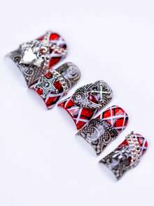 Punk Edgy Short Duck Bill Press On Nails 10pcs Red Black Plaid Base 3D Chains Hearts Angels Bats Metal Accents Handmade Acrylic Reusable High-Gloss Perfect For Club Nights And Halloween Parties Bold Styling Edgy Vibe Cool Gift For Fashion-Forward Enthusiasts Summer Easter - 彩色 - 查看 5