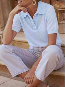 女士纯色马海毛纽扣短袖Polo衫，休闲夏季款 - 藍色 - 查看 4