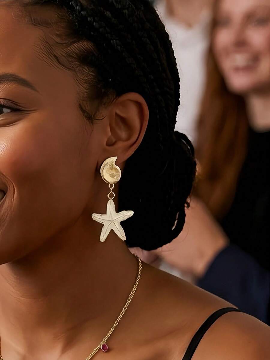 Starfish Disc Earrings, Golden Vacation Style Earrings, Elegant Vibe, Perfect For Beach Party And Goddess Look