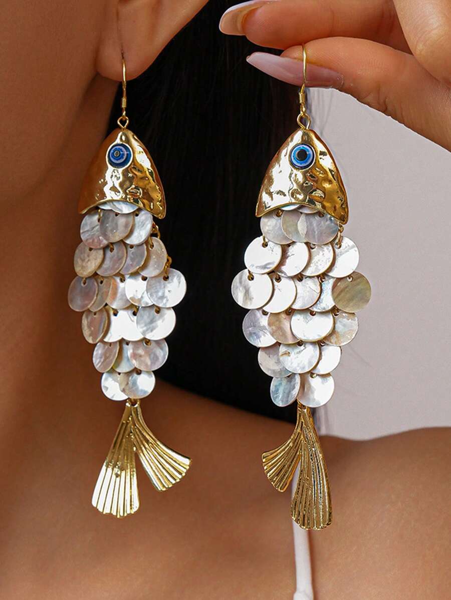 1 par de pendientes con borlas con forma de pez hechos de conchas, accesorios elegantes y personalizados con un toque de vacaciones en la playa - Blanco - Ver 1