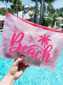 防水時尚沙灘包，印有「Beach」、椰子樹、棕櫚樹圖案。大容量透明化妝包，尼龍拉鍊，輕巧，適合春夏收納，完美適用於游泳、沙灘、潛水和夏季度假、返校，輕巧防曬收納包，適合朋友、家人、閨蜜、同學。生日、節日、派對、婚禮（伴娘）、教師節、郵輪必備、夏季度假禮物的完美禮品與紀念品 - 彩色 - 查看 6