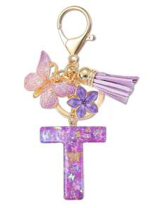 1个紫色蝴蝶字母钥匙扣，饰有闪亮亮片、流苏和珐琅花朵吊坠，时尚手提包挂件，母亲节礼物 - 淡紫色 - 查看 18