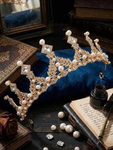 1PC Vintage Tone Pearl And Rhinestone Tiara Baroque Crown Elegant Bridal Hair Accessory 14.5cm Diameter - Multicolor - View 6