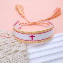1pc Embroidered Cross Boho Handmade Woven Tassel Bracelet - Multicolor - View 4