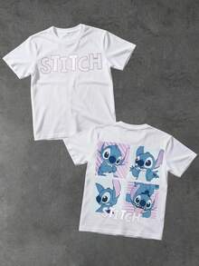 Official Authorization Disney Lilo & Stitch 4 Grid Cute Expressions Front Back Print Kids T-Shirt, Girls Cartoon Graphic Short Sleeve Tee, Summer Casual Tops For Daily Wear Theme Park, Children's Holiday Gift - 白色 - 查看 3